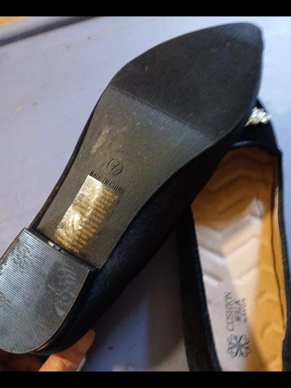 Avon Black Velvet Pointed Toe Flats with Crystal Brooch - Picture 7 of 9